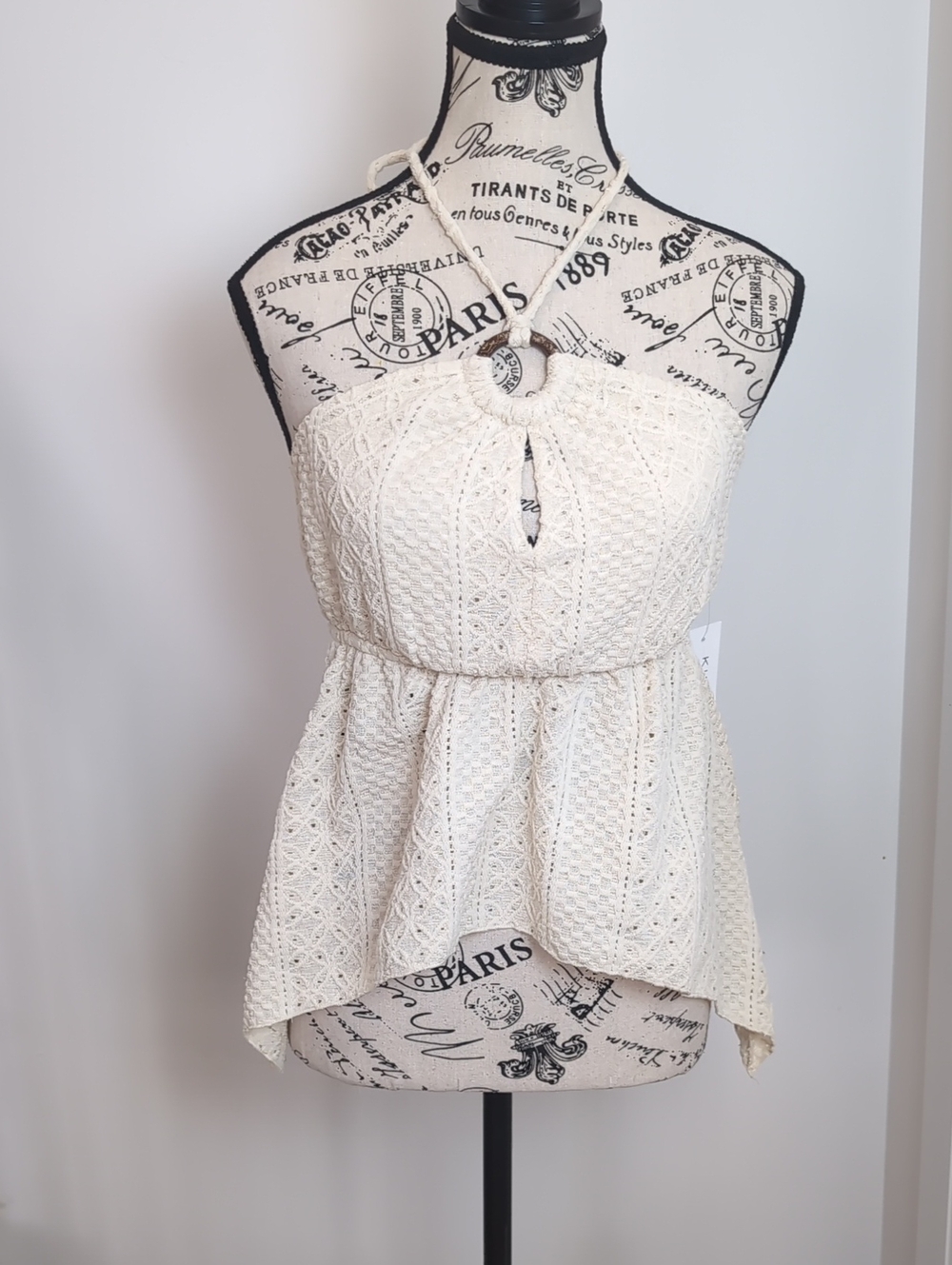 KIRIOUS | Women's Cream Open Knit O-Ring Peplum Halter Tank Top